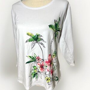 Womens Shirt Size L White Long Sleeve Palm Harbor Floral Coastal Print Colorful